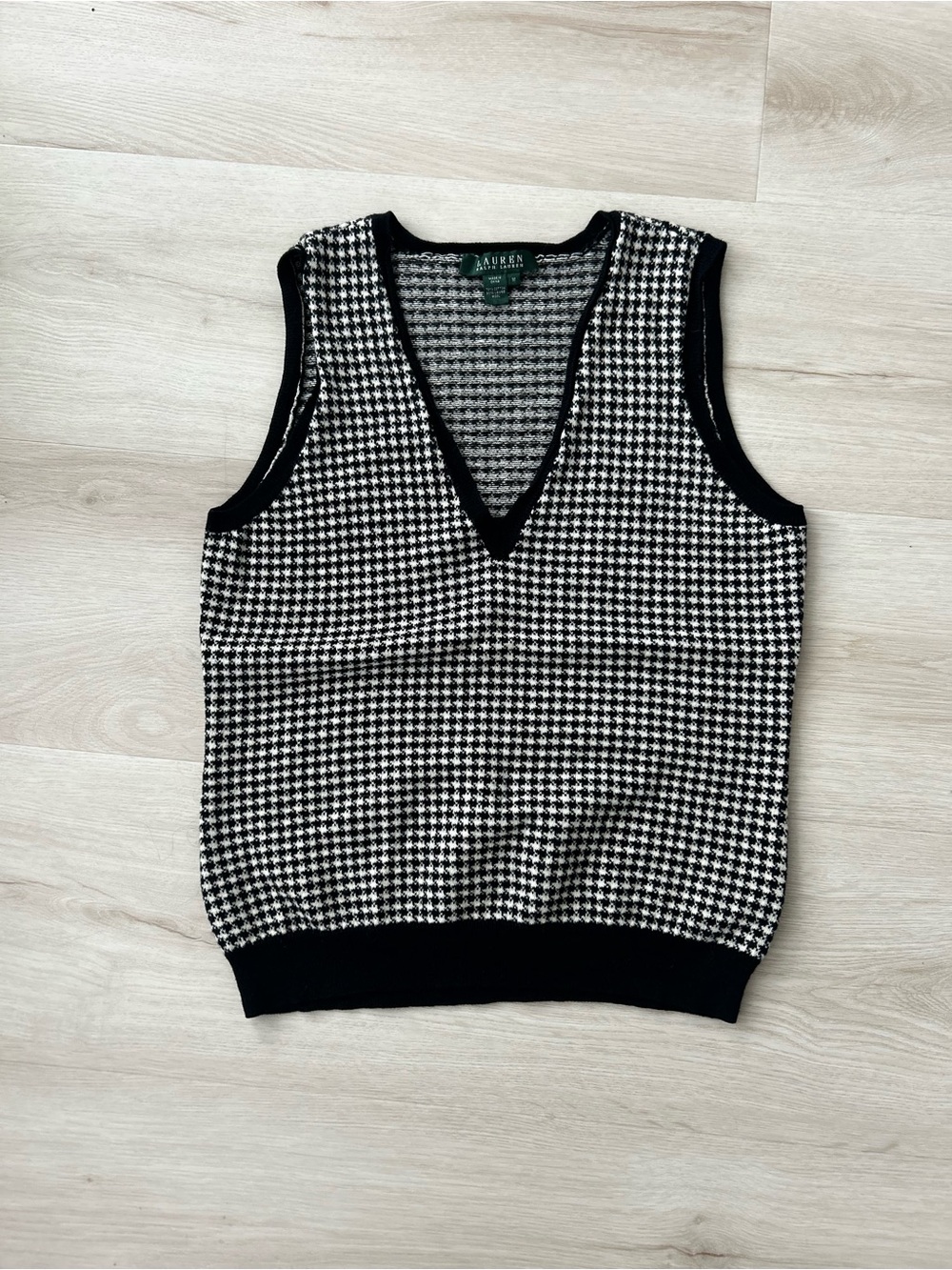 Ralph Lauren Black and White Houndstooth V-Neck Sweater Vest